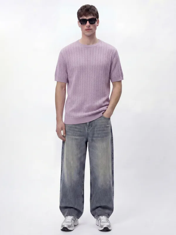 Highlander Men Lavender Self Design Round Neck T-Shirt