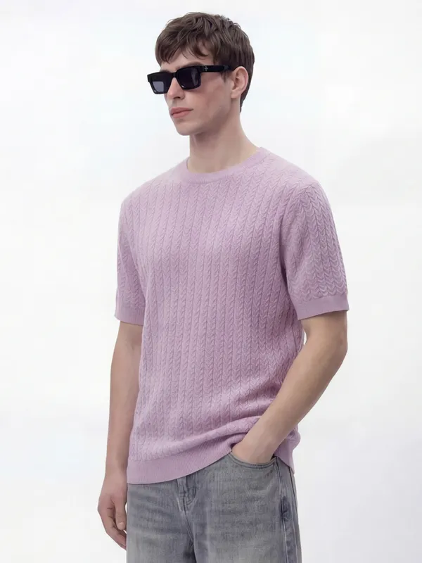Highlander Men Lavender Self Design Round Neck T-Shirt