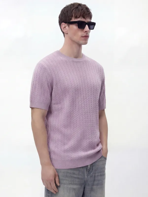 Highlander Men Lavender Self Design Round Neck T-Shirt