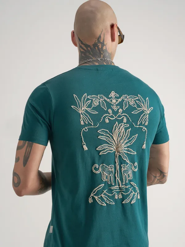 Highlander Men Teal Printed Round Neck T-Shirt