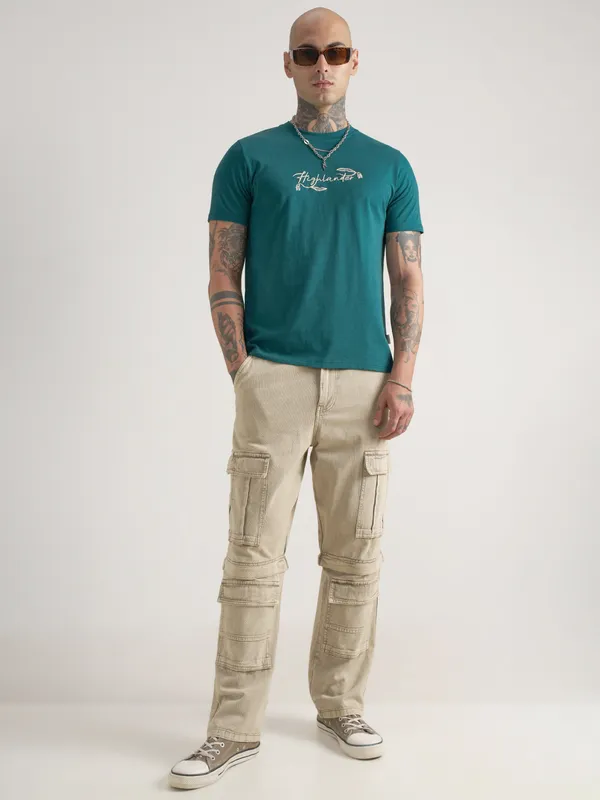 Highlander Men Teal Printed Round Neck T-Shirt