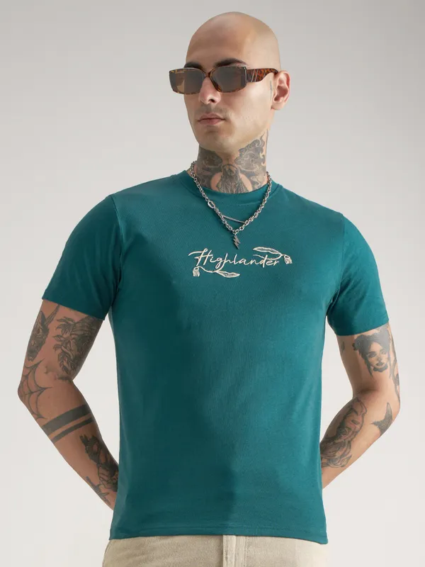 Highlander Men Teal Printed Round Neck T-Shirt