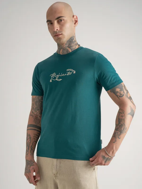 Highlander Men Teal Printed Round Neck T-Shirt
