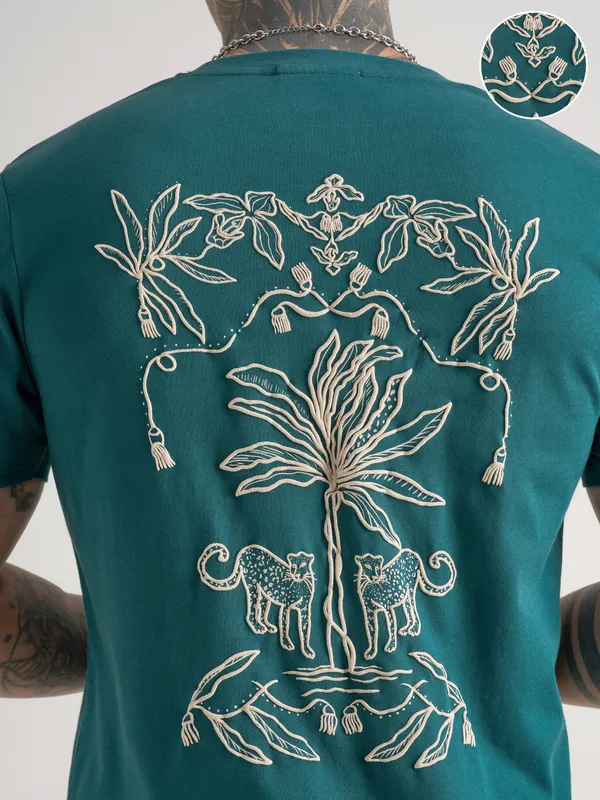 Highlander Men Teal Printed Round Neck T-Shirt