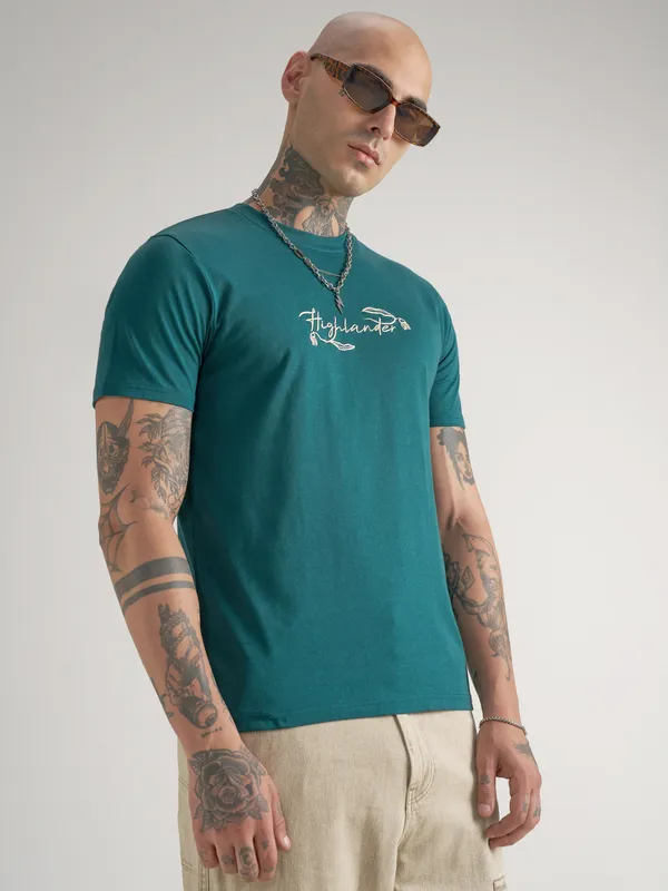Highlander Men Teal Printed Round Neck T-Shirt