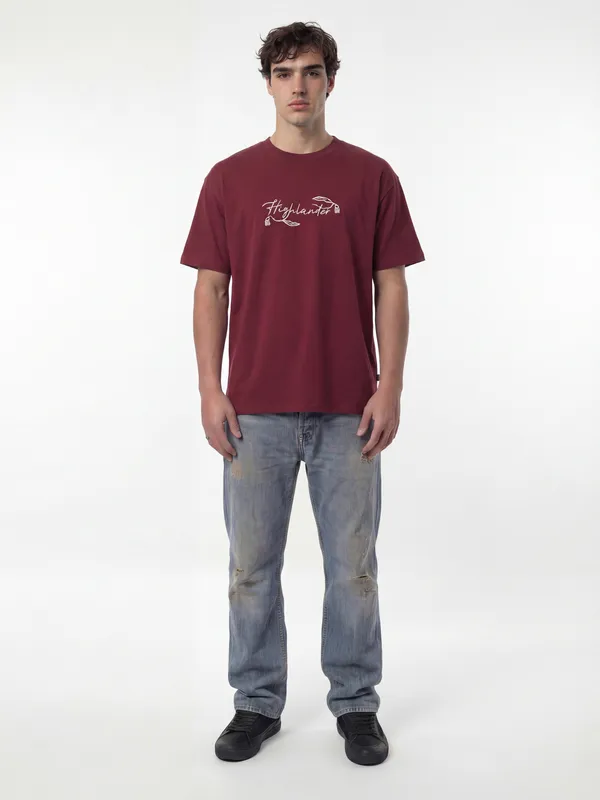 Highlander Men Maroon Printed Round Neck T-Shirt