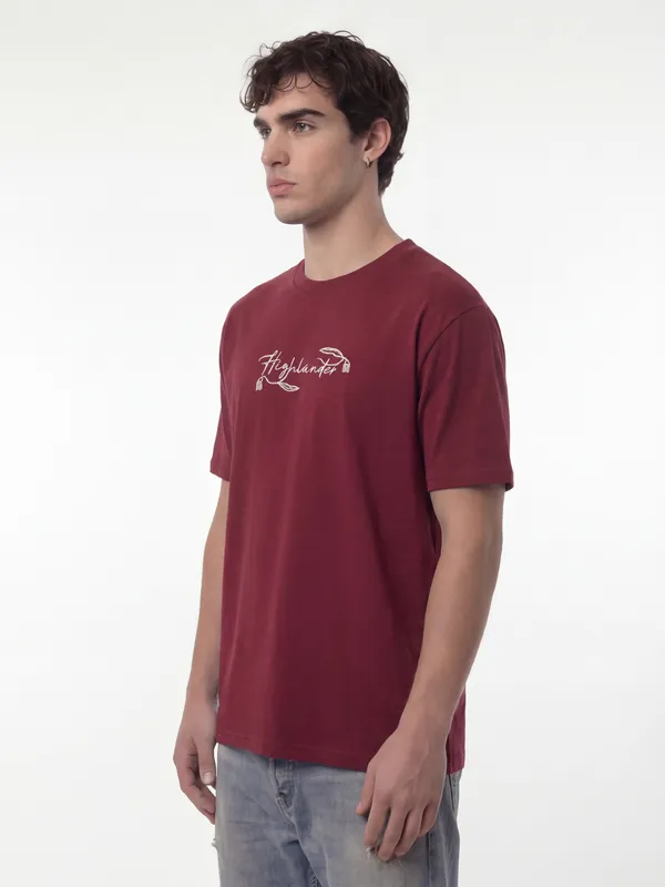 Highlander Men Maroon Printed Round Neck T-Shirt