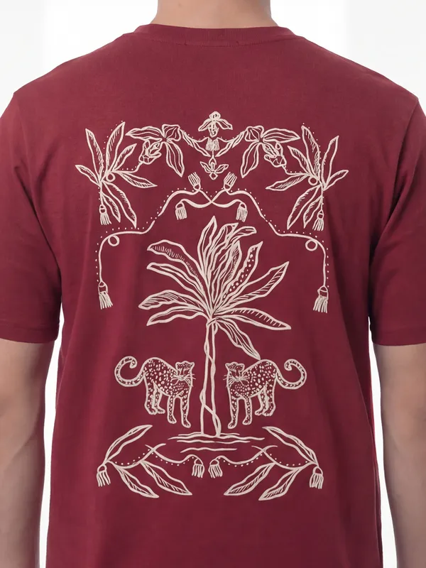 Highlander Men Maroon Printed Round Neck T-Shirt