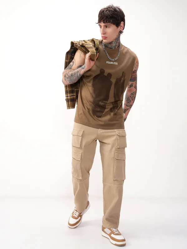 Highlander Men Brown Printed Round Neck T-Shirt