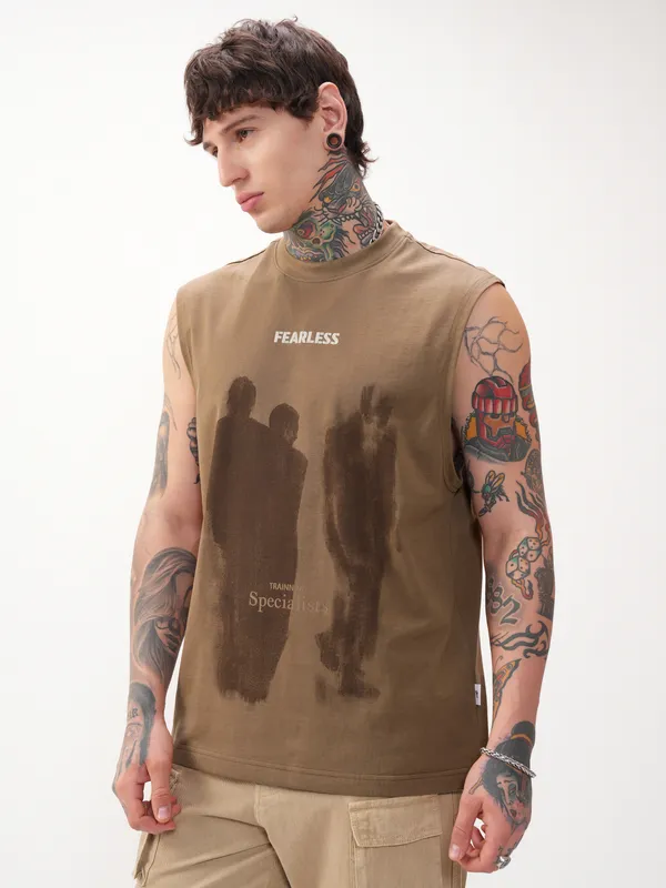 Highlander Men Brown Printed Round Neck T-Shirt