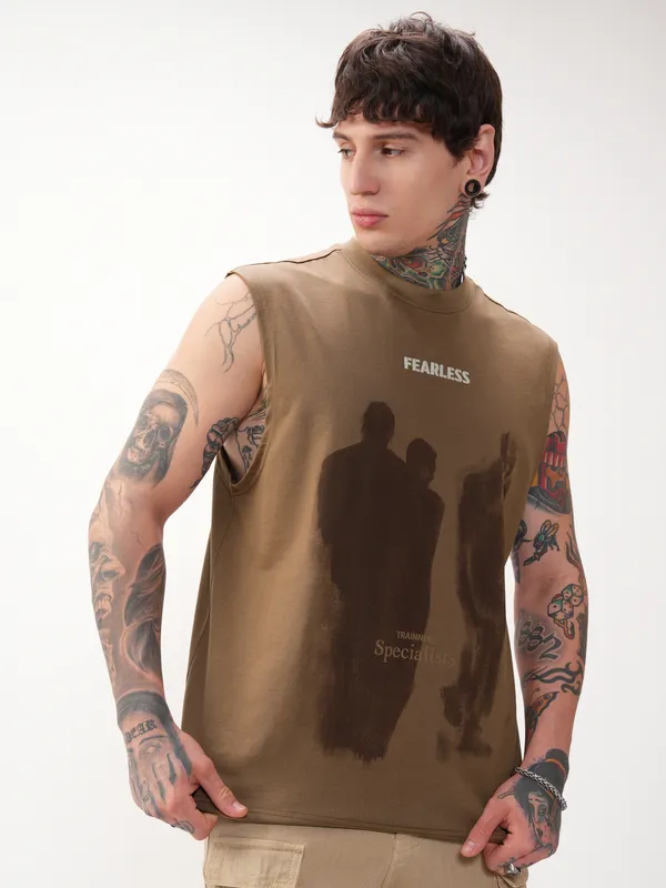 Highlander Men Brown Printed Round Neck T-Shirt