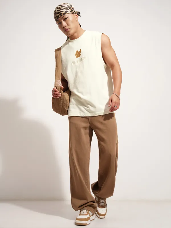 Highlander Men Cream Printed Round Neck T-Shirt