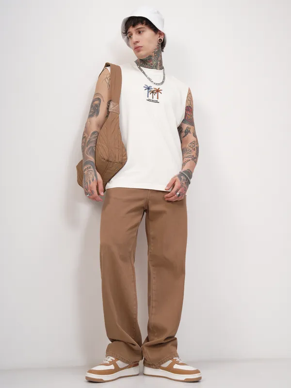 Highlander Men Off White Printed Round Neck T-Shirt