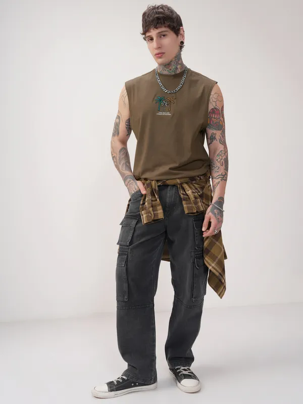 Highlander Men Khaki Printed Round Neck T-Shirt