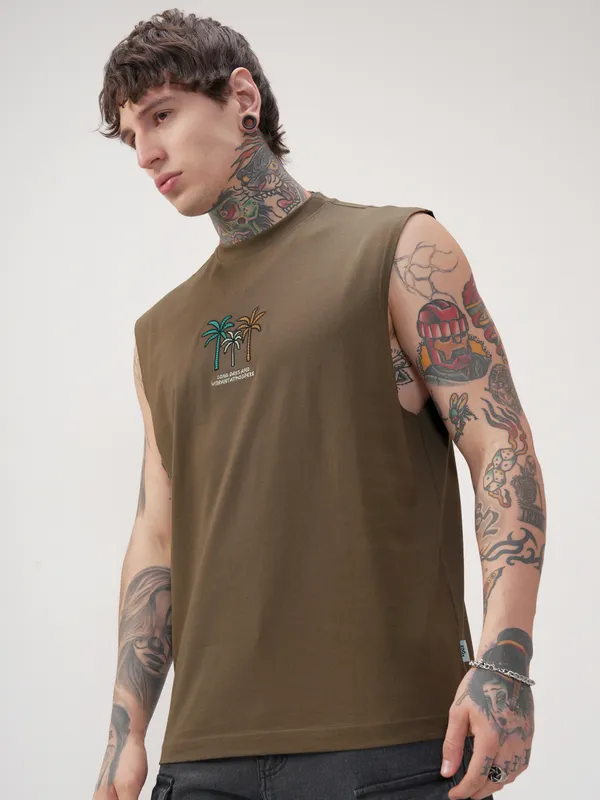 Highlander Men Khaki Printed Round Neck T-Shirt