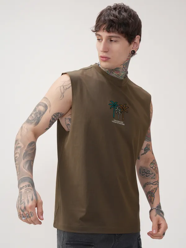 Highlander Men Khaki Printed Round Neck T-Shirt