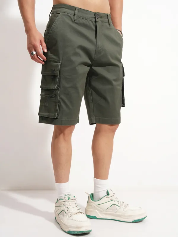 Highlander Men Green Regular Fit Cargo Shorts