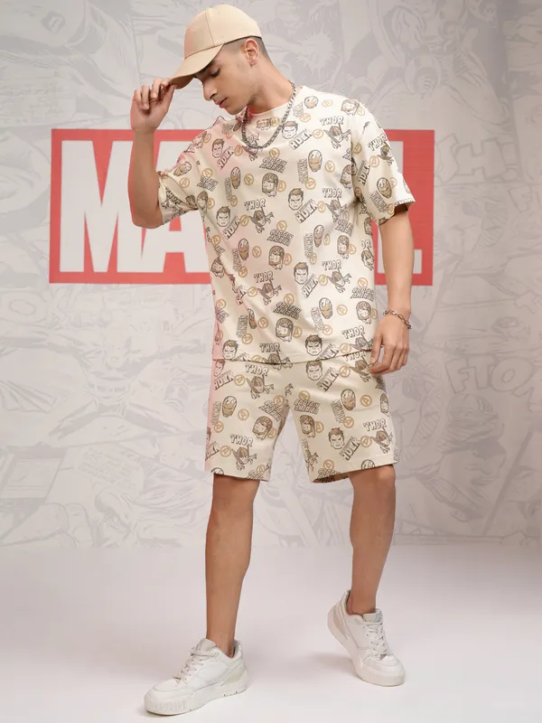 Marvel By Highlander Men Beige Avengers T-Shirt With Shorts Co-Ords