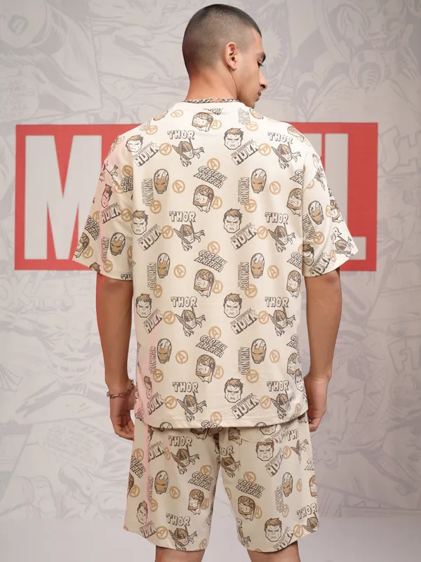 Marvel By Highlander Men Beige Avengers T-Shirt With Shorts Co-Ords