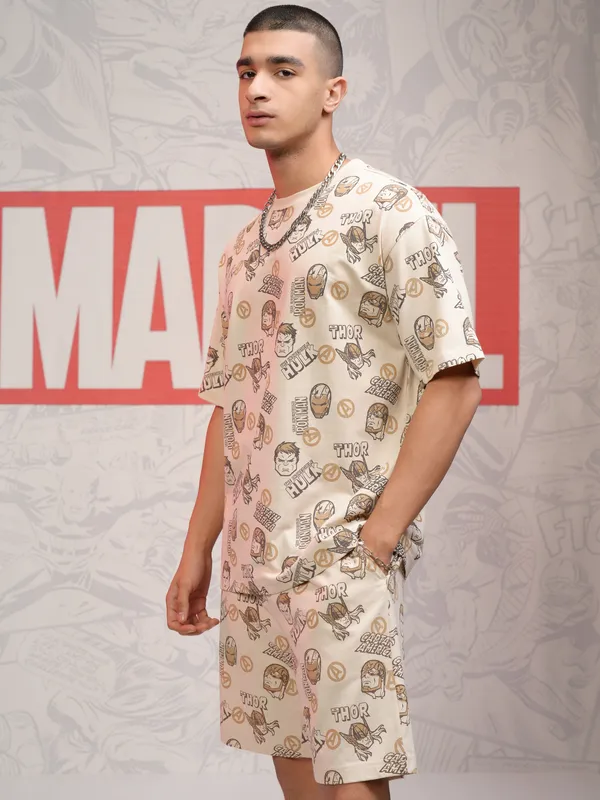 Marvel By Highlander Men Beige Avengers T-Shirt With Shorts Co-Ords