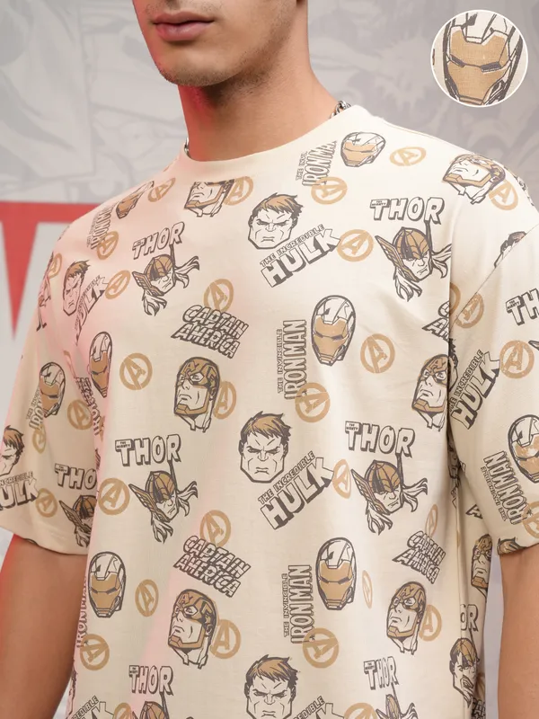 Marvel By Highlander Men Beige Avengers T-Shirt With Shorts Co-Ords