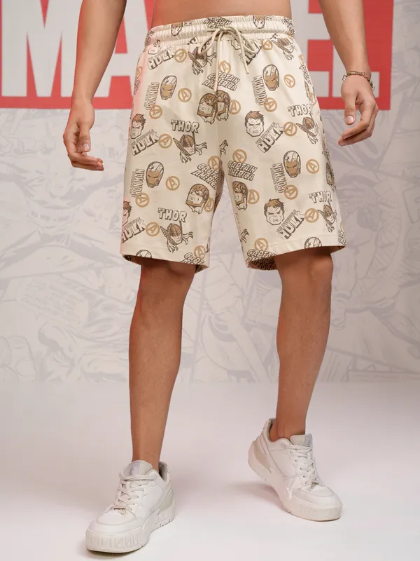 Marvel By Highlander Men Beige Avengers T-Shirt With Shorts Co-Ords