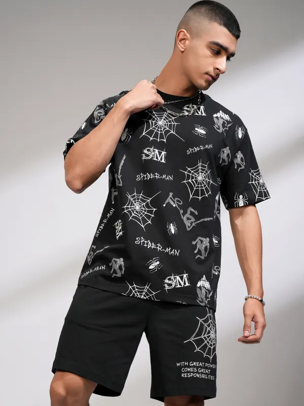 Marvel By Highlander Men Black Spider-Man T-Shirt With Shorts Co-Ords