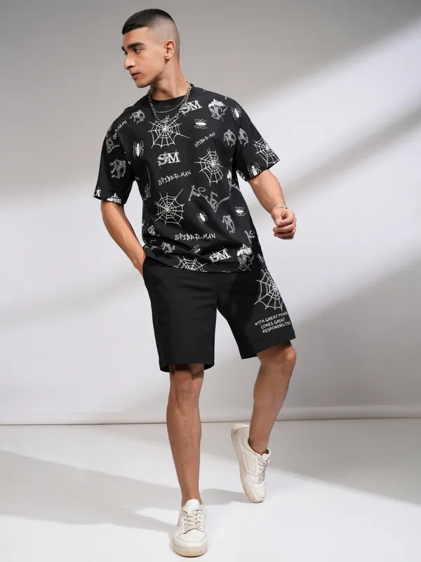 Marvel By Highlander Men Black Spider-Man T-Shirt With Shorts Co-Ords