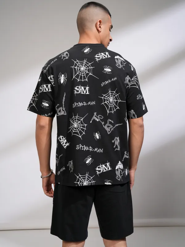 Marvel By Highlander Men Black Spider-Man T-Shirt With Shorts Co-Ords