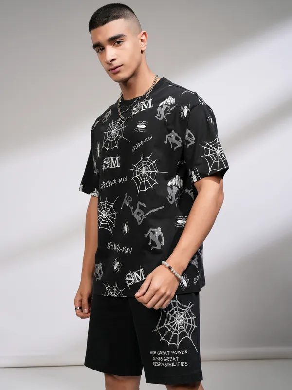Marvel By Highlander Men Black Spider-Man T-Shirt With Shorts Co-Ords