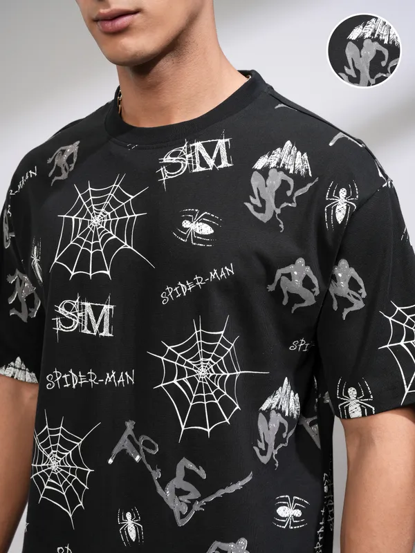 Marvel By Highlander Men Black Spider-Man T-Shirt With Shorts Co-Ords