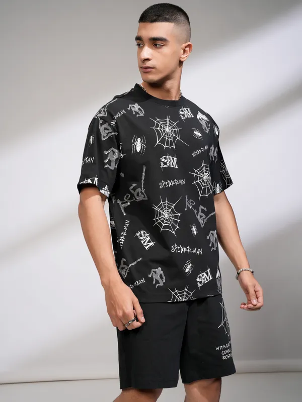 Marvel By Highlander Men Black Spider-Man T-Shirt With Shorts Co-Ords