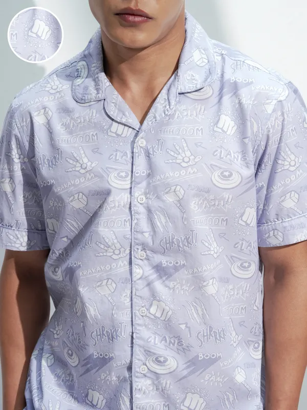 Marvel By Highlander Men Lavender Avengers Shirt With Shorts Co-Ords