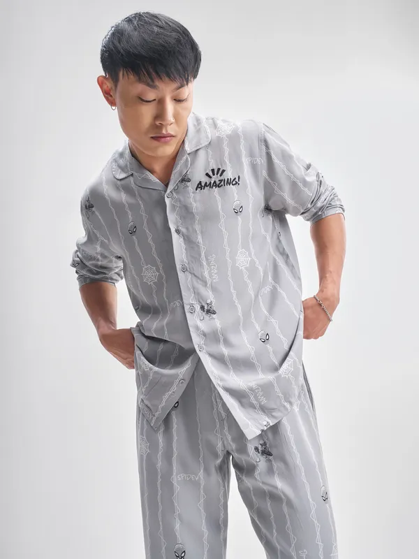 Marvel By Highlander Men Grey Spiderman Shirt With Trouser Co-Ords