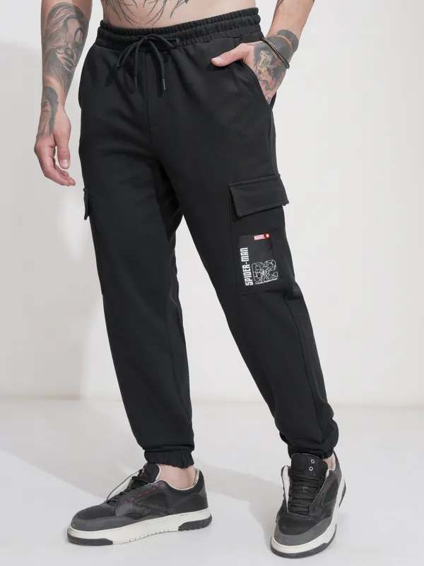 Marvel By Highlander Men Black Spider-Man Relaxed Fit Solid Cargos