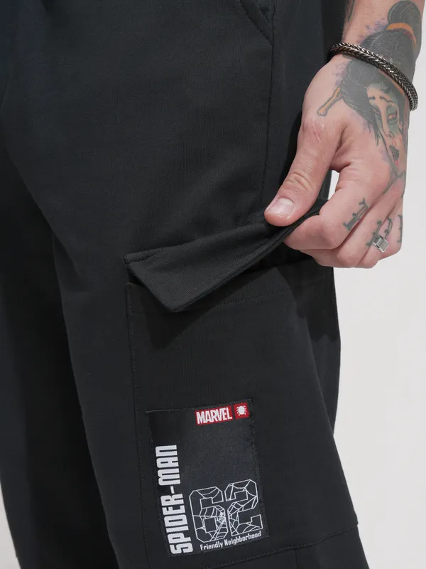 Marvel By Highlander Men Black Spider-Man Relaxed Fit Solid Cargos