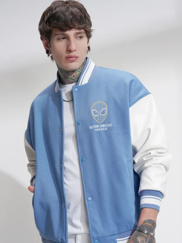 Highlander Men Blue Self Design Varsity Oversized Fit Jacket