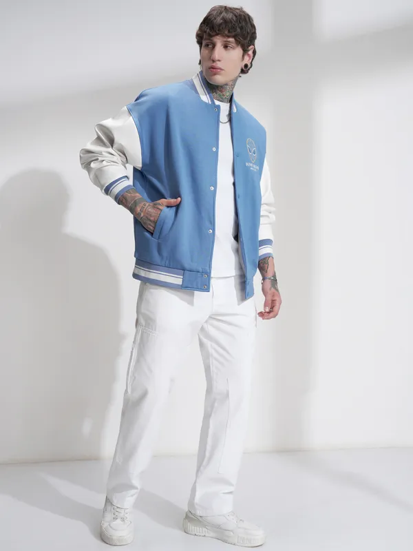 Highlander Men Blue Self Design Varsity Oversized Fit Jacket
