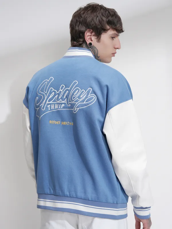 Highlander Men Blue Self Design Varsity Oversized Fit Jacket