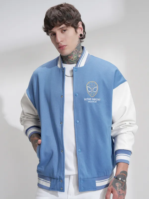 Highlander Men Blue Self Design Varsity Oversized Fit Jacket