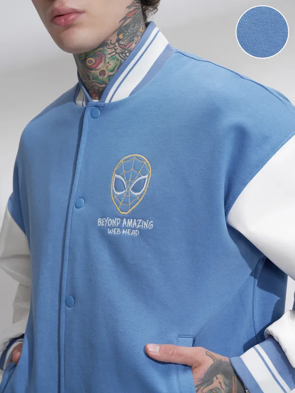 Highlander Men Blue Self Design Varsity Oversized Fit Jacket