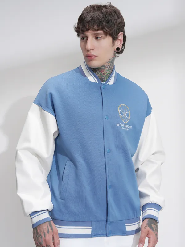 Highlander Men Blue Self Design Varsity Oversized Fit Jacket