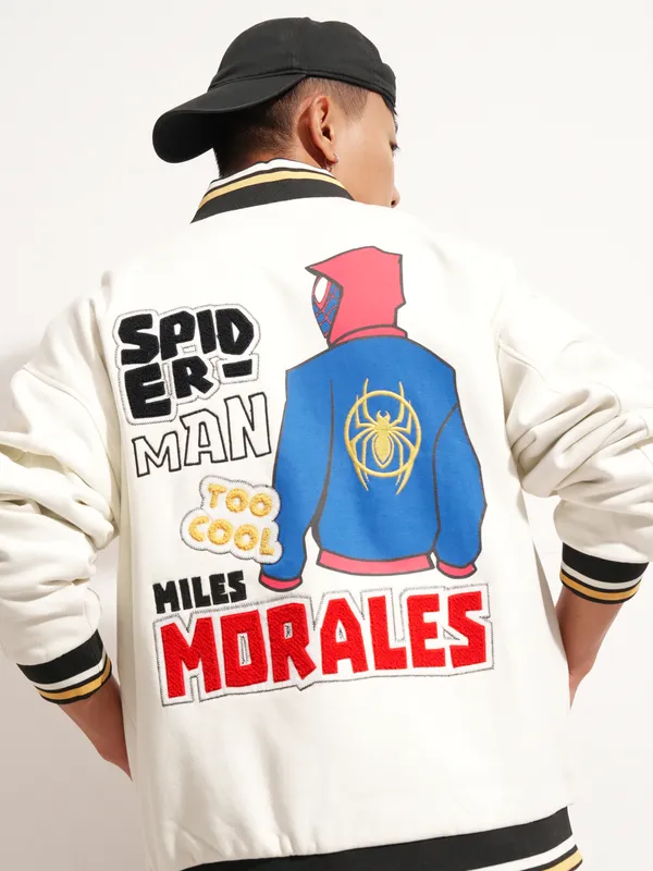 Marvel By Highlander Men White Spider-Man Printed Varsity Jacket