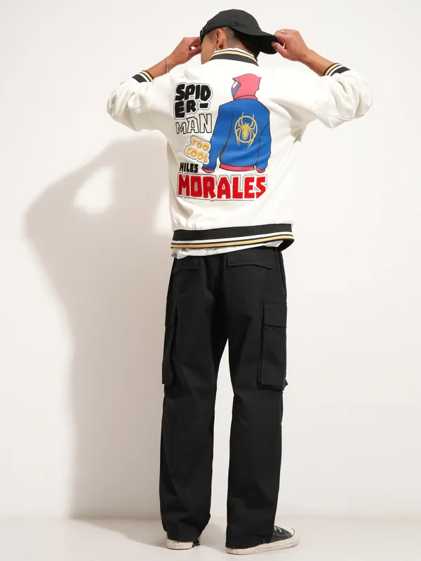 Marvel By Highlander Men White Spider-Man Printed Varsity Jacket