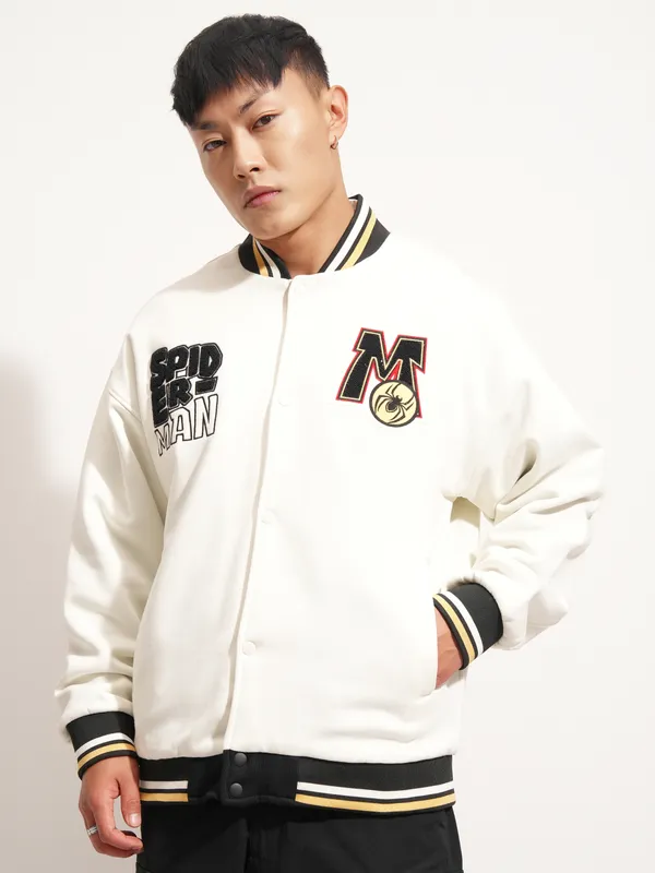 Marvel By Highlander Men White Spider-Man Printed Varsity Jacket