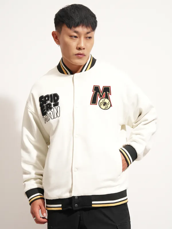 Marvel By Highlander Men White Spider-Man Printed Varsity Jacket