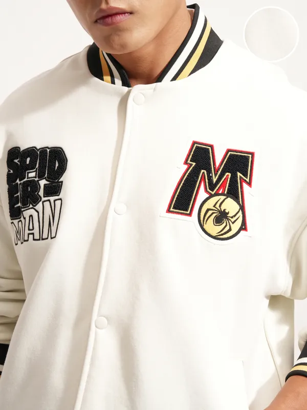 Marvel By Highlander Men White Spider-Man Printed Varsity Jacket