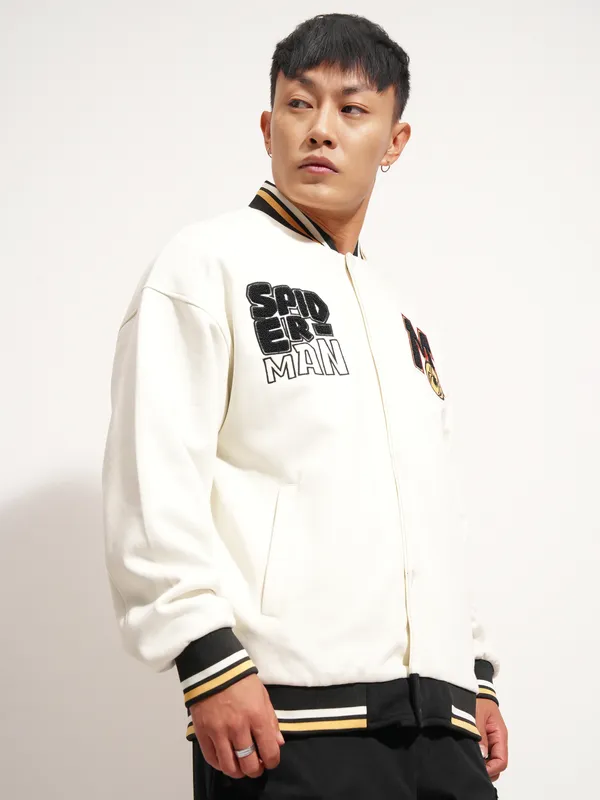 Marvel By Highlander Men White Spider-Man Printed Varsity Jacket