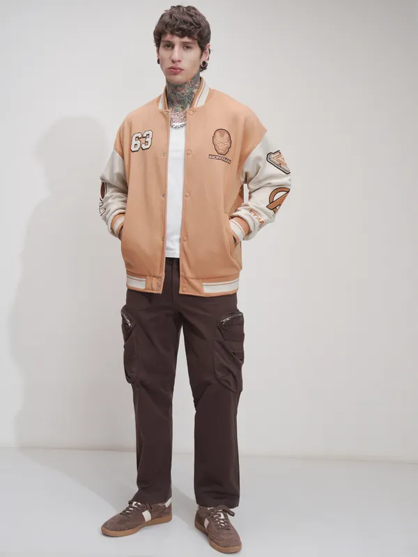 Marvel By Highlander Men Brown Iron Man Printed Varsity Jacket