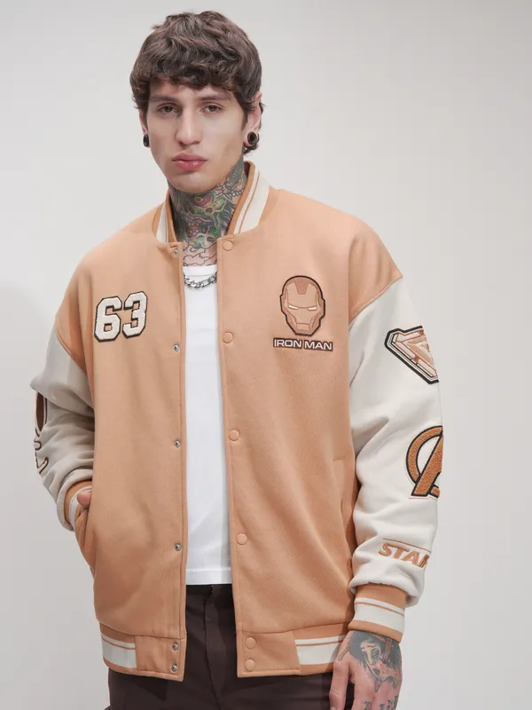 Marvel By Highlander Men Brown Iron Man Printed Varsity Jacket